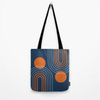 Mid Century Modern Geometric 111 in Navy Blue and Vintage Orange (Rainbow and Sun Abstraction) Tote Bag Gallery Image 2