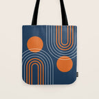 Mid Century Modern Geometric 111 in Navy Blue and Vintage Orange (Rainbow and Sun Abstraction) Tote Bag Gallery Image 1