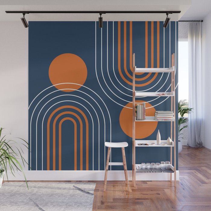 Mid Century Modern Geometric 111 in Navy Blue and Vintage Orange (Rainbow and Sun Abstraction) Wall Mural Gallery Image 1
