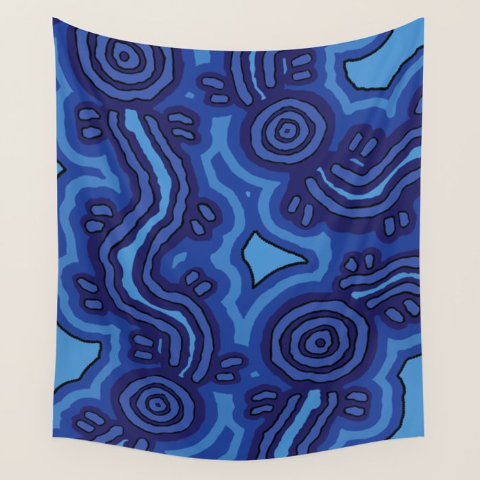 Authentic Aboriginal Art - Blue Campsites Wall Tapestry Gallery Image 4
