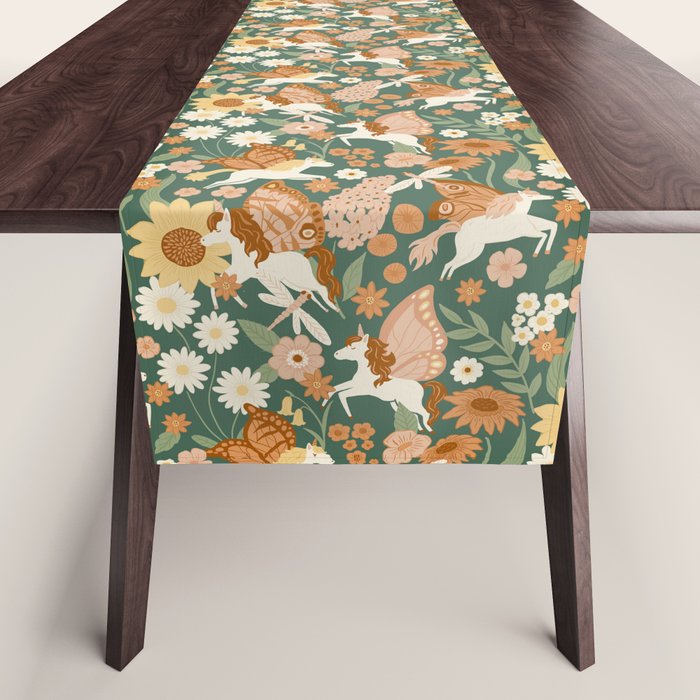 Butterfly Unicorns Frolicking in the Garden - Dark Table Runner Gallery Image 1