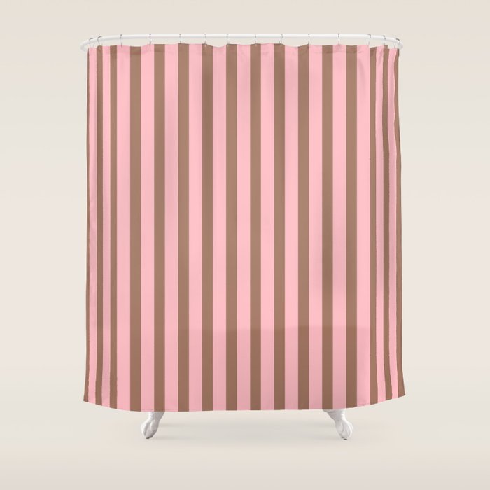 Mocha Brown and Pink Stripes Narrow Vertical Stripe Pattern Shower Curtain Gallery Image 1