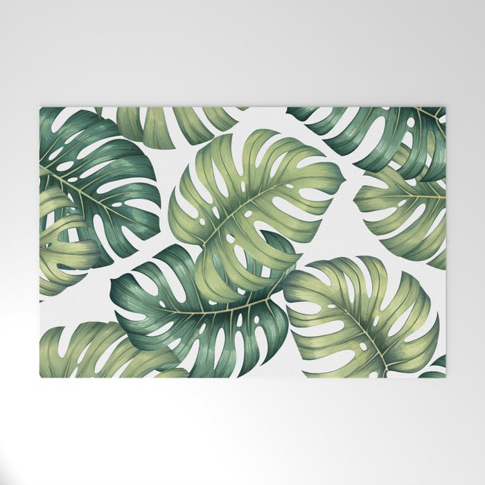 Monstera botanical leaves illustration pattern on white Welcome Mat Gallery Image 1