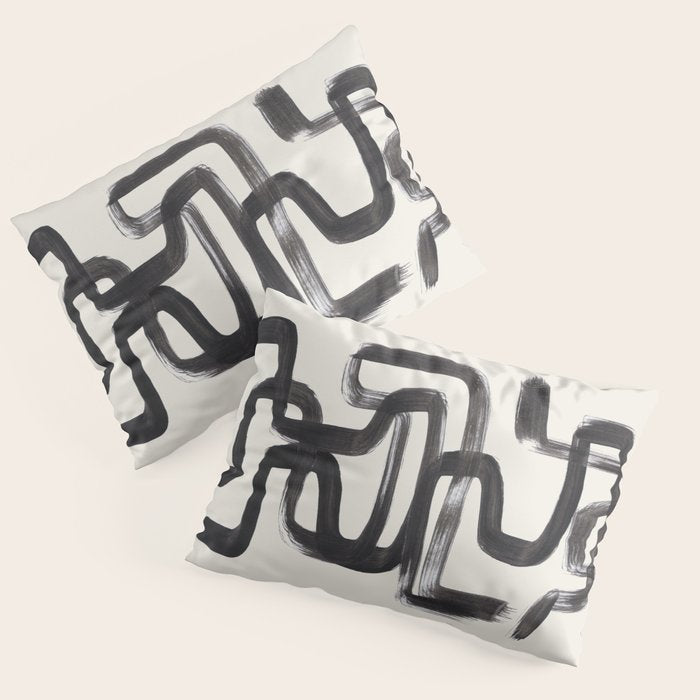 Mid Century Modern Minimalist Abstract Art Brush Strokes Black & White Ink Art Pipe Maze Pillow Sham Gallery Image 3