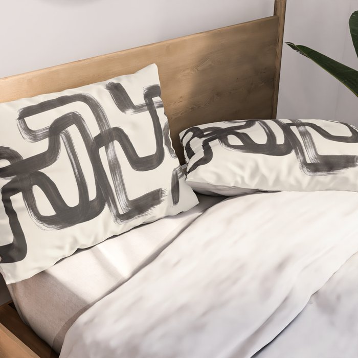 Mid Century Modern Minimalist Abstract Art Brush Strokes Black & White Ink Art Pipe Maze Pillow Sham Gallery Image 2