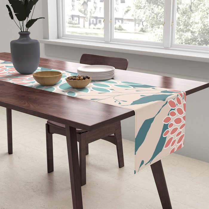 Floral Blooms and Leaves, Peach, Coral and Teal Table Runner Gallery Image 2