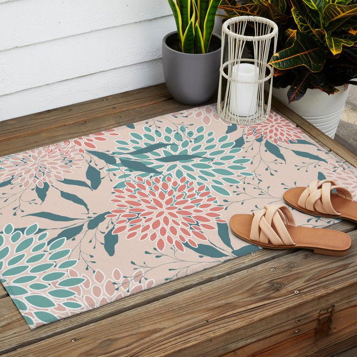 Floral Blooms and Leaves, Peach, Coral and Teal Outdoor Rug Gallery Image 2