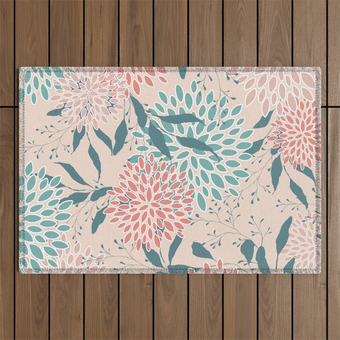 Floral Blooms and Leaves, Peach, Coral and Teal Outdoor Rug Gallery Image 1