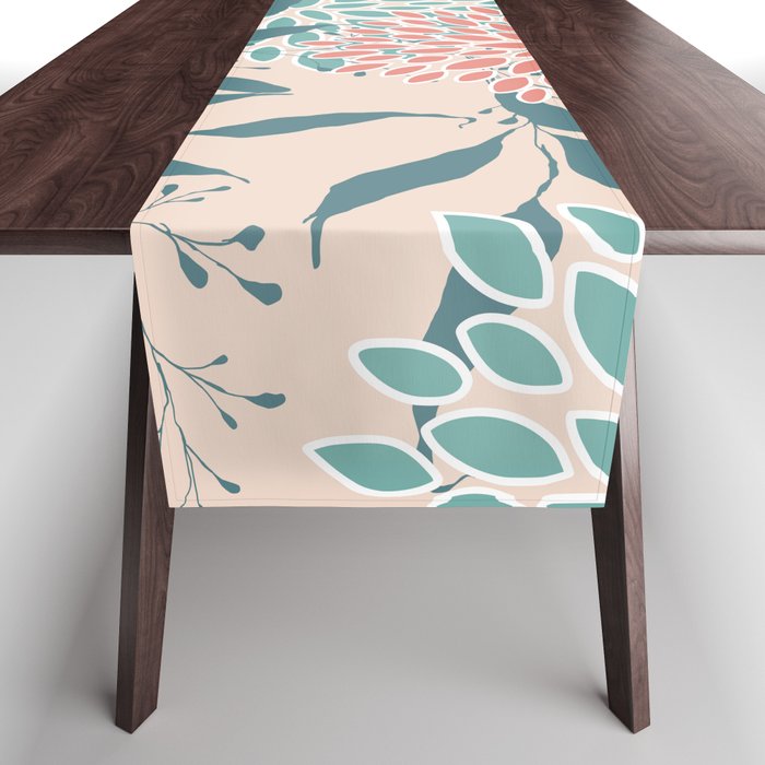 Floral Blooms and Leaves, Peach, Coral and Teal Table Runner Gallery Image 1