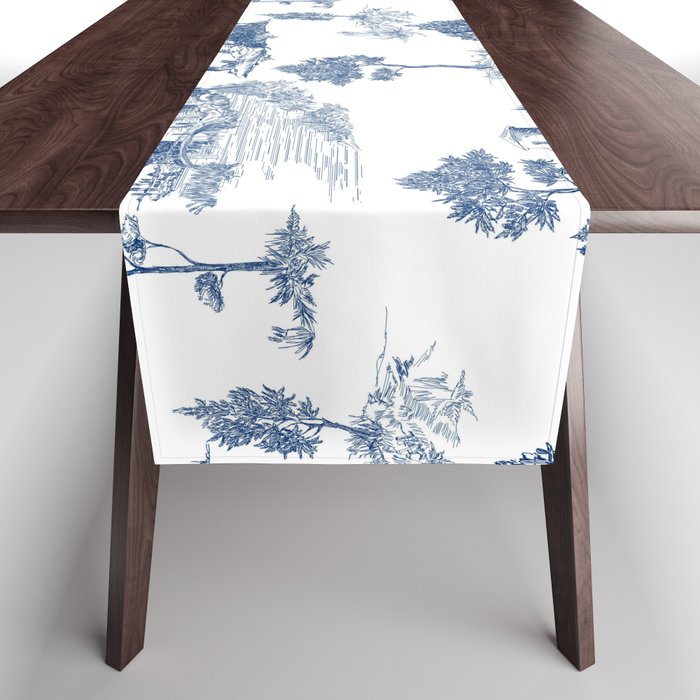 Toile de Jouy Vintage French Navy Blue & White Pastoral Table Runner Gallery Image 1