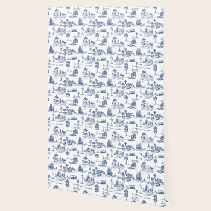 Toile de Jouy Vintage French Navy Blue & White Pastoral Wallpaper Gallery Image 2