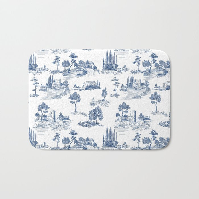 Toile de Jouy Vintage French Navy Blue & White Pastoral Bath Mat Gallery Image 1