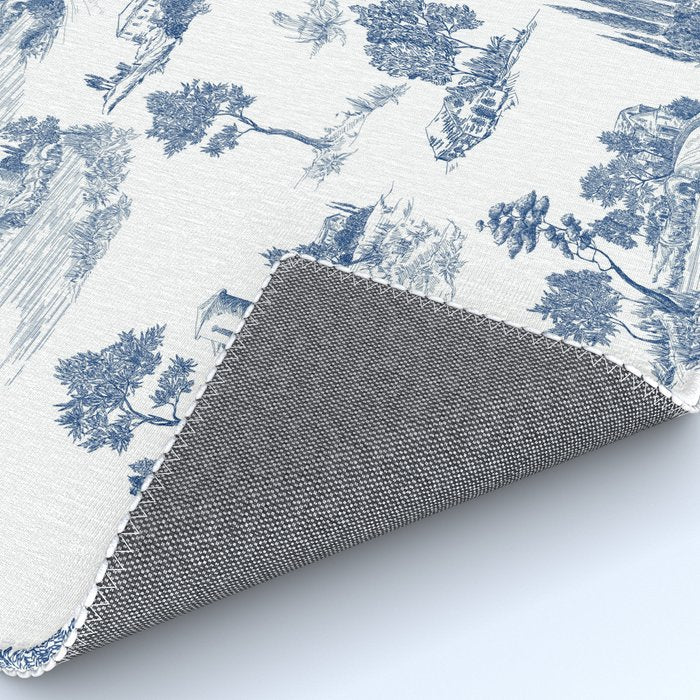 Toile de Jouy Vintage French Navy Blue & White Pastoral Rug Gallery Image 4