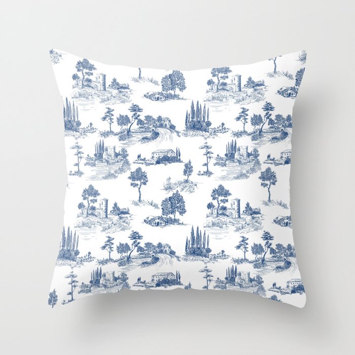 Toile de Jouy Vintage French Navy Blue & White Pastoral Throw Pillow Gallery Image 1