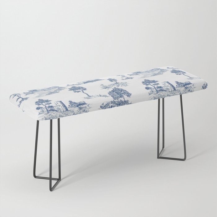 Toile de Jouy Vintage French Navy Blue & White Pastoral Bench Gallery Image 1