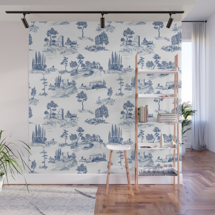 Toile de Jouy Vintage French Navy Blue & White Pastoral Wall Mural Gallery Image 1