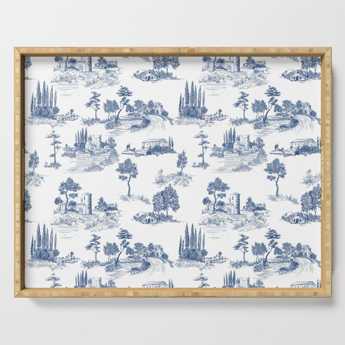 Toile de Jouy Vintage French Navy Blue & White Pastoral Serving Tray Gallery Image 1