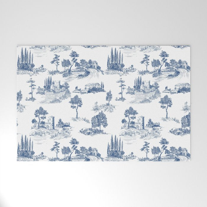 Toile de Jouy Vintage French Navy Blue & White Pastoral Welcome Mat Gallery Image 1