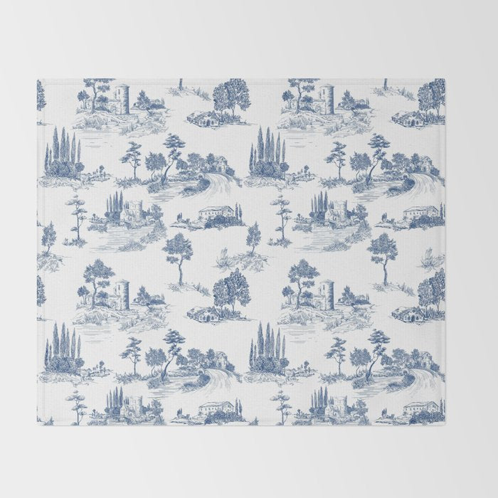 Toile de Jouy Vintage French Navy Blue & White Pastoral Throw Blanket Gallery Image 2