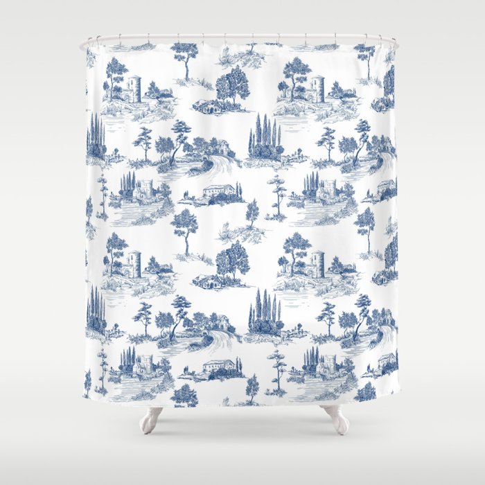 Toile de Jouy Vintage French Navy Blue & White Pastoral Shower Curtain Gallery Image 1