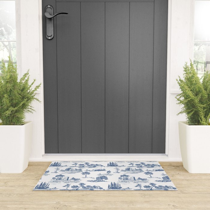 Toile de Jouy Vintage French Navy Blue & White Pastoral Welcome Mat Gallery Image 3