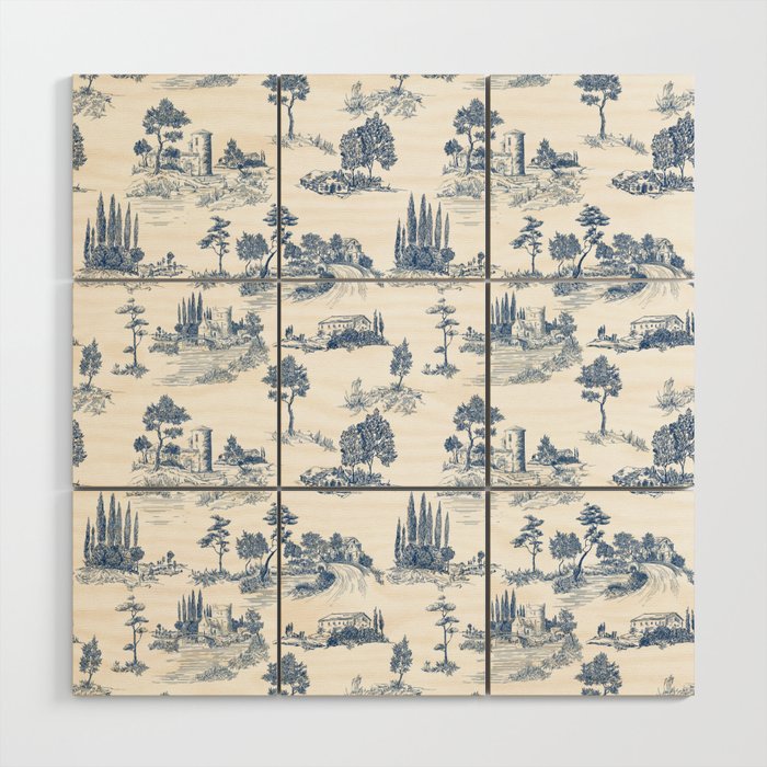 Toile de Jouy Vintage French Navy Blue & White Pastoral Wood Wall Art Gallery Image 1