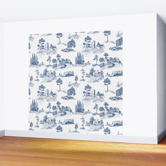 Toile de Jouy Vintage French Navy Blue & White Pastoral Wall Mural Gallery Image 2