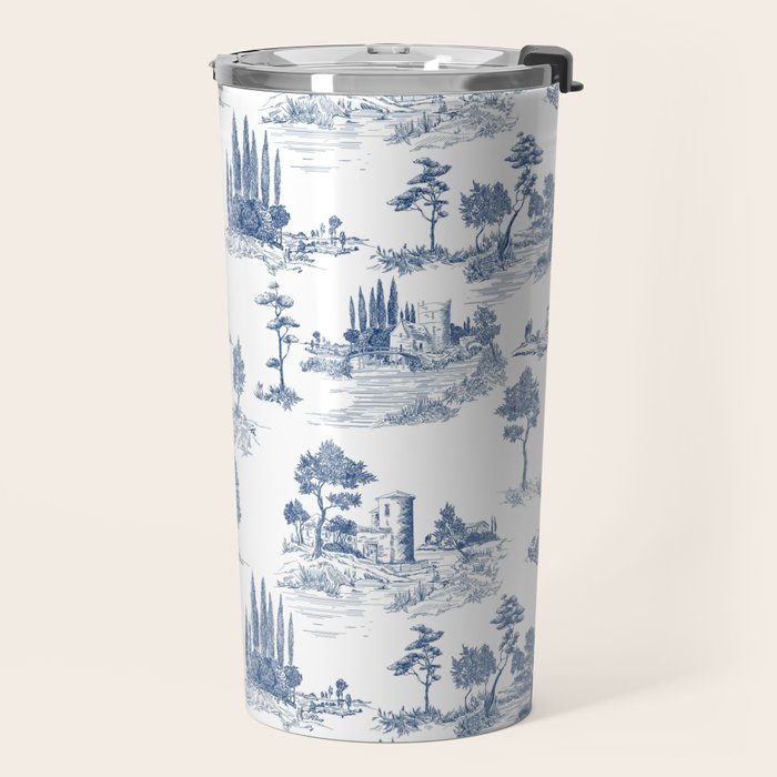 Toile de Jouy Vintage French Navy Blue & White Pastoral Travel Mug Gallery Image 2
