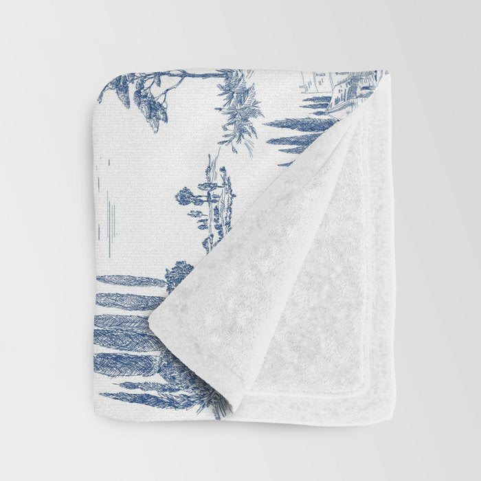 Toile de Jouy Vintage French Navy Blue & White Pastoral Throw Blanket Gallery Image 3