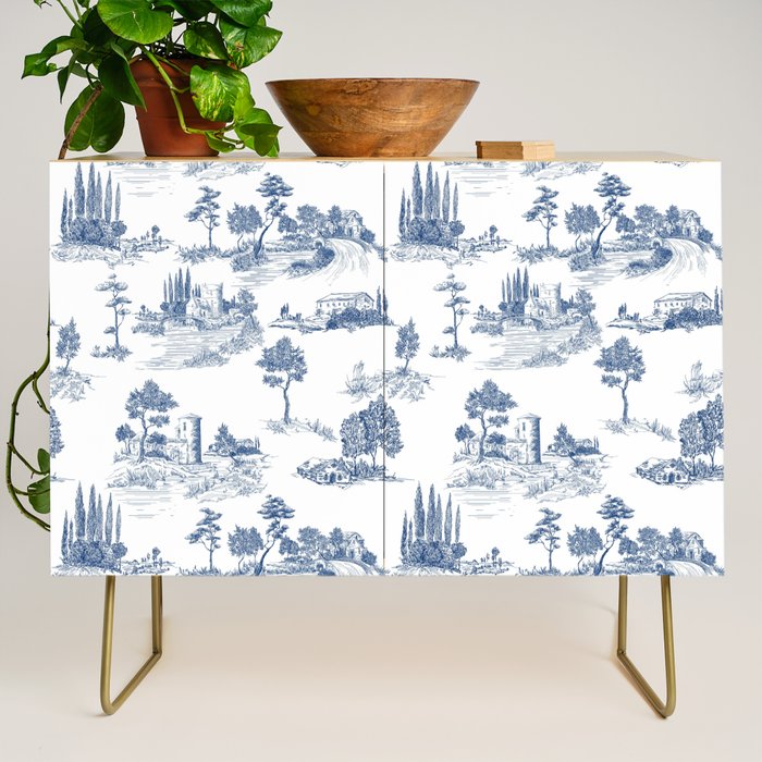 Toile de Jouy Vintage French Navy Blue & White Pastoral Credenza Gallery Image 1