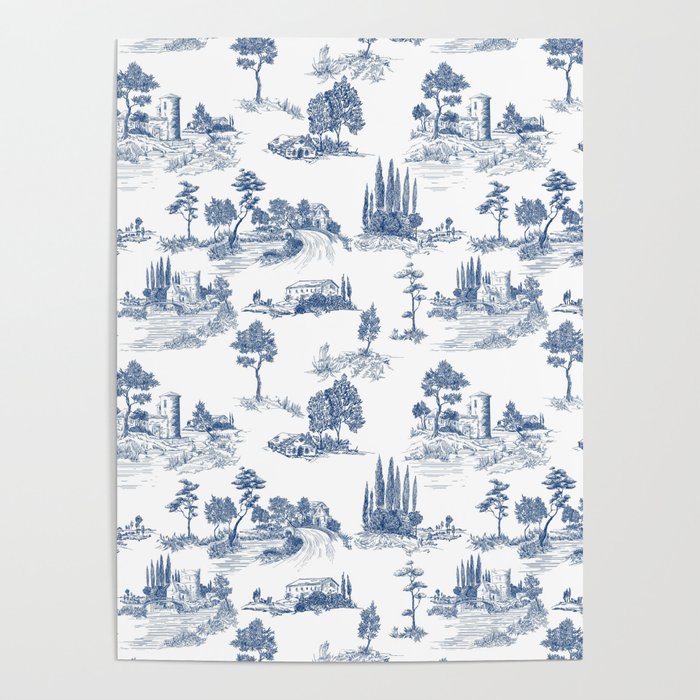 Toile de Jouy Vintage French Navy Blue & White Pastoral Poster Gallery Image 1