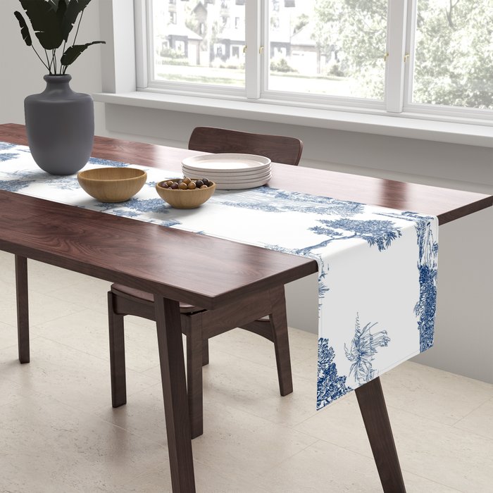 Toile de Jouy Vintage French Navy Blue & White Pastoral Table Runner Gallery Image 2