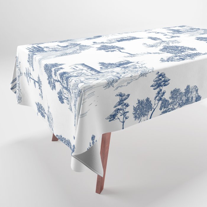 Toile de Jouy Vintage French Navy Blue & White Pastoral Tablecloth Gallery Image 1