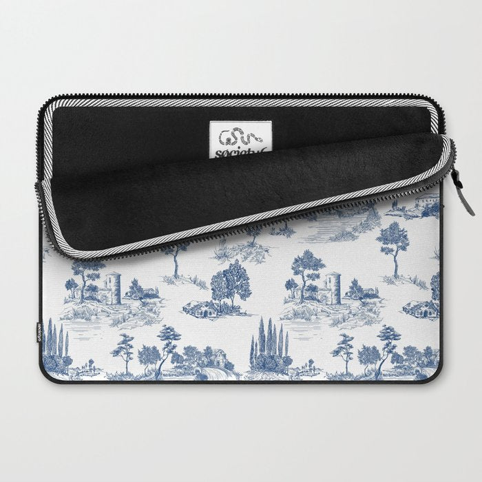Toile de Jouy Vintage French Navy Blue & White Pastoral Laptop Sleeve Gallery Image 2