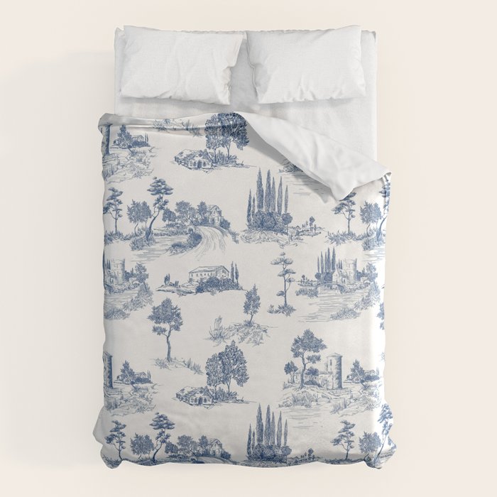 Toile de Jouy Vintage French Navy Blue & White Pastoral Duvet Cover Gallery Image 1