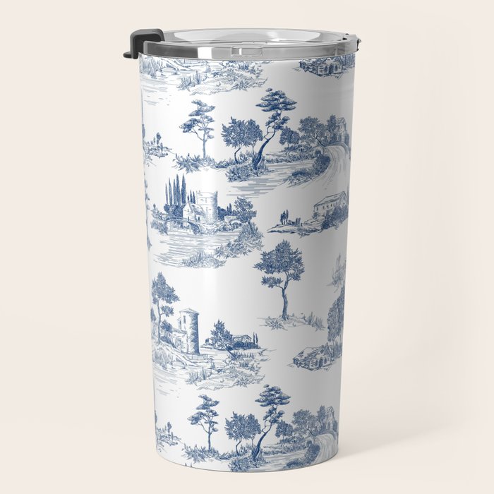 Toile de Jouy Vintage French Navy Blue & White Pastoral Travel Mug Gallery Image 3
