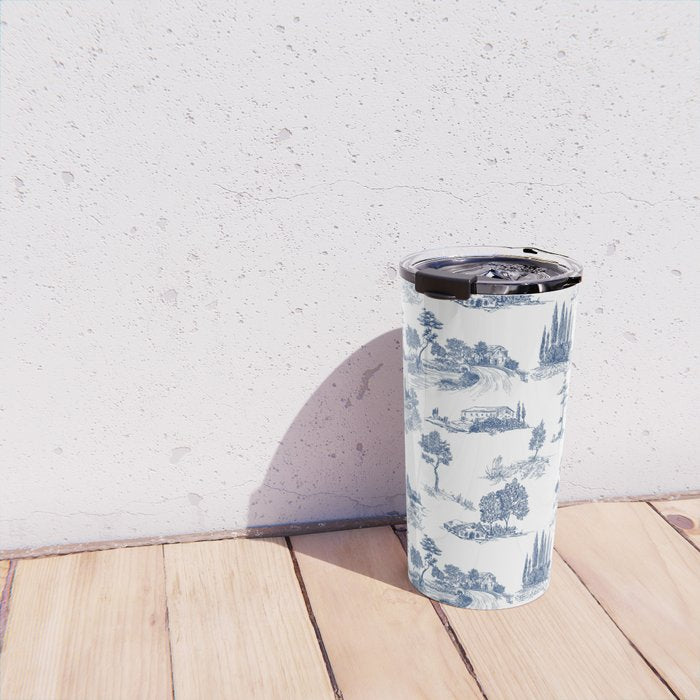 Toile de Jouy Vintage French Navy Blue & White Pastoral Travel Mug Gallery Image 4