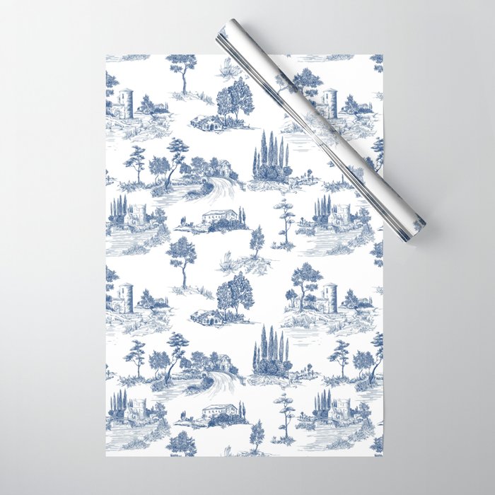 Toile de Jouy Vintage French Navy Blue & White Pastoral Wrapping Paper Gallery Image 1