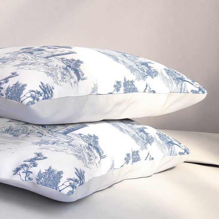 Toile de Jouy Vintage French Navy Blue & White Pastoral Pillow Sham Gallery Image 3