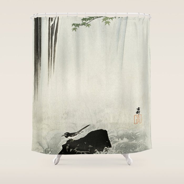 Ohara Koson, Bird And Waterfall -Vintage Japanese Woodblock Print  Shower Curtain Gallery Image 1