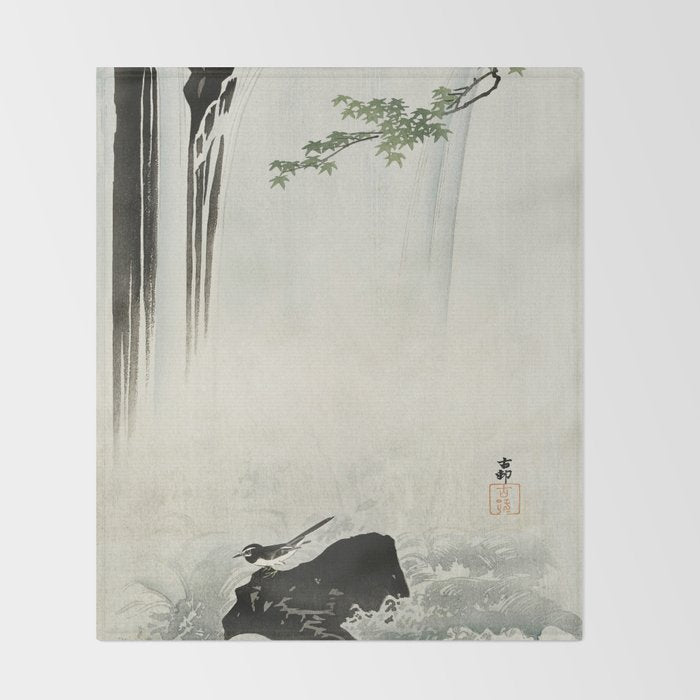 Ohara Koson, Bird And Waterfall -Vintage Japanese Woodblock Print  Throw Blanket Gallery Image 2
