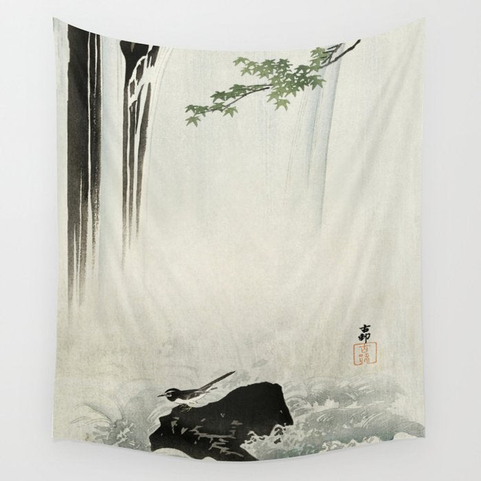Ohara Koson, Bird And Waterfall -Vintage Japanese Woodblock Print  Wall Tapestry Gallery Image 4