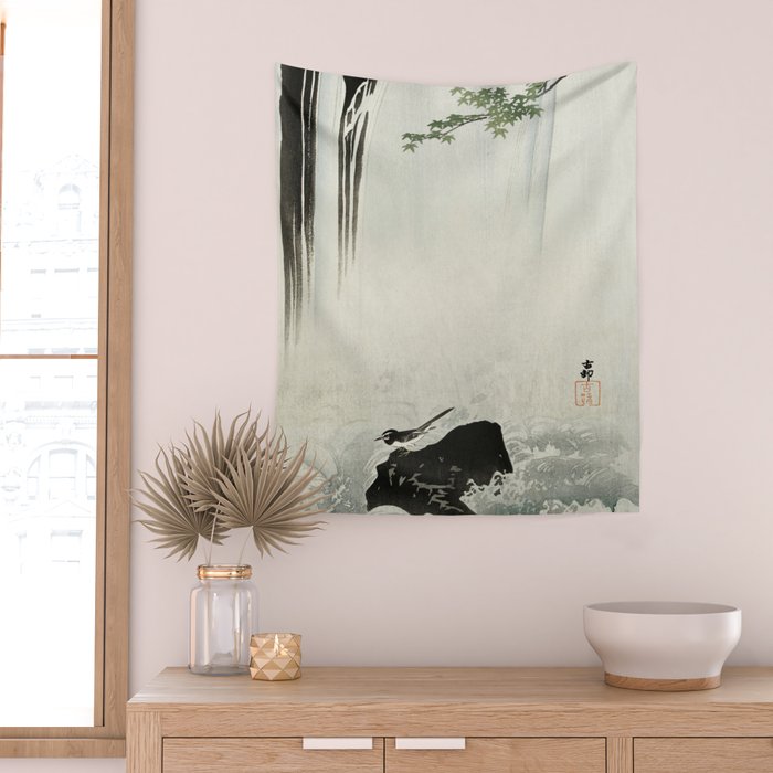 Ohara Koson, Bird And Waterfall -Vintage Japanese Woodblock Print  Wall Tapestry Gallery Image 2