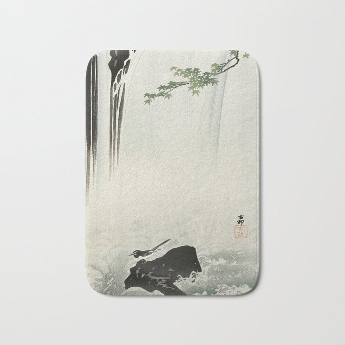 Ohara Koson, Bird And Waterfall -Vintage Japanese Woodblock Print  Bath Mat Gallery Image 1