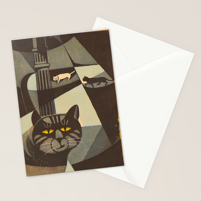 Inagaki Tomoo Vintage Japanese Woodblock print mid century Modern Cubism Art Cats Feline Stationery Card Gallery Image 2