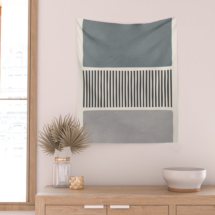Gray Beige Black Lines Minimalist Wall Tapestry Gallery Image 2