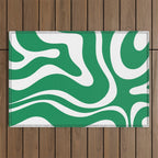 Green and White Retro Modern Liquid Swirl Abstract Pattern Outdoor Rug Gallery Image 1