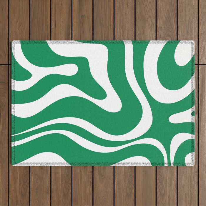 Green and White Retro Modern Liquid Swirl Abstract Pattern Outdoor Rug Gallery Image 1