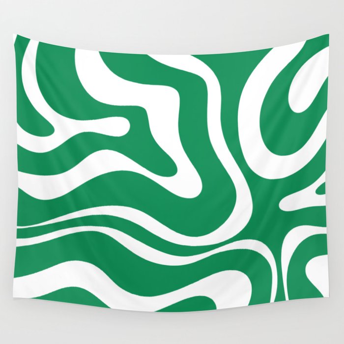 Green and White Retro Modern Liquid Swirl Abstract Pattern Wall Tapestry Gallery Image 4
