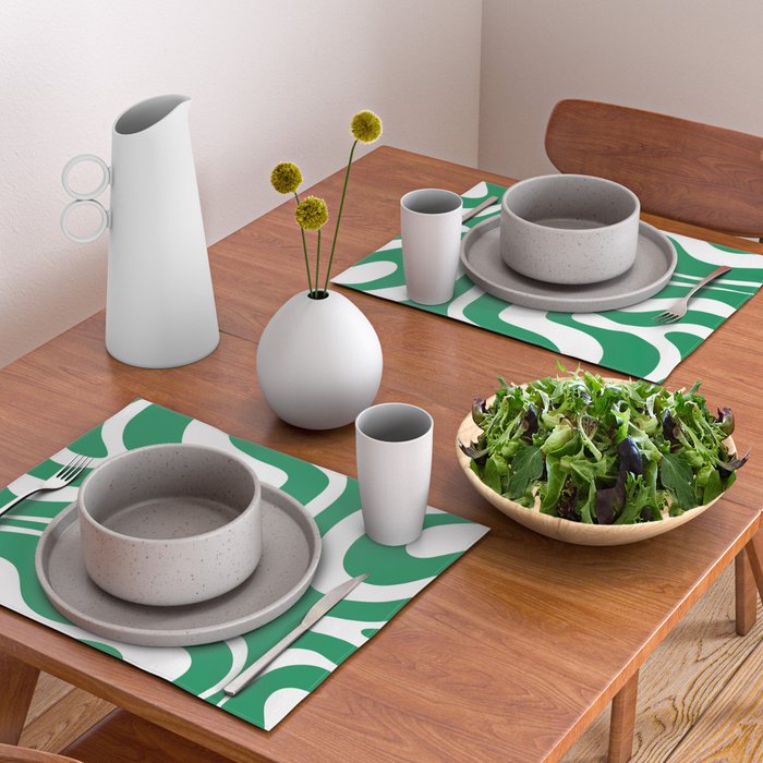 Green and White Retro Modern Liquid Swirl Abstract Pattern Placemat Gallery Image 2
